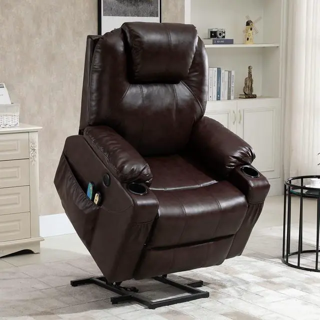 Main image of MEETWARM Power Lift Chair Electric Recliner for Elderly Heated Vibration Massage Faux Leather Recliner Chair with 2 Remote Controls, USB Ports, Cup Holders & Side Pockets for Living Room (Brown)