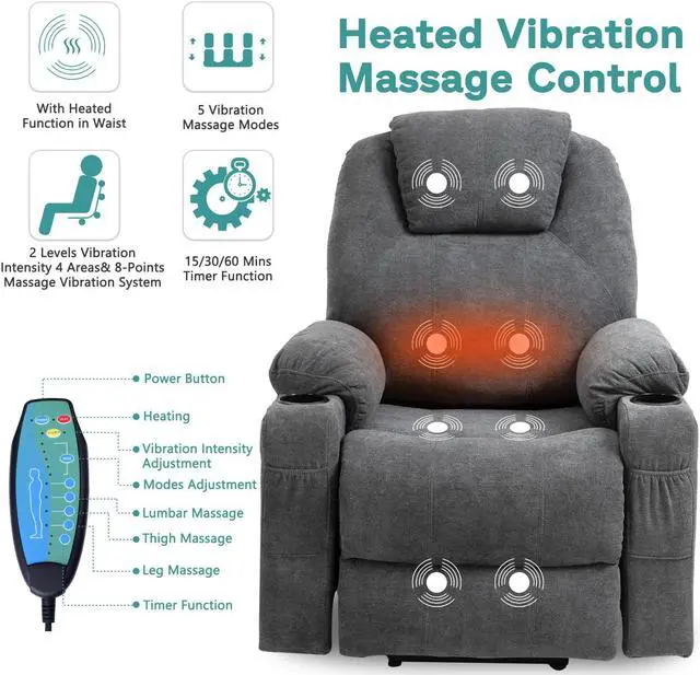 Alt view image 2 of 7 - MEETWARM Power Lift Chair Electric Recliner for Elderly Heated Vibration Massage Faux Leather Recliner Chair with 2 Remote Controls, USB Ports, Cup Holders & Side Pockets for Living Room (Grey)