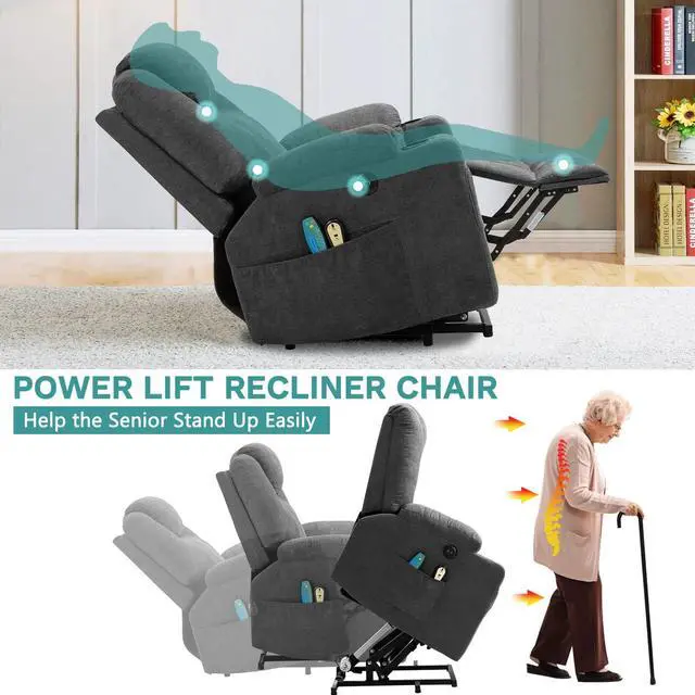 Alt view image 3 of 7 - MEETWARM Power Lift Chair Electric Recliner for Elderly Heated Vibration Massage Faux Leather Recliner Chair with 2 Remote Controls, USB Ports, Cup Holders & Side Pockets for Living Room (Grey)