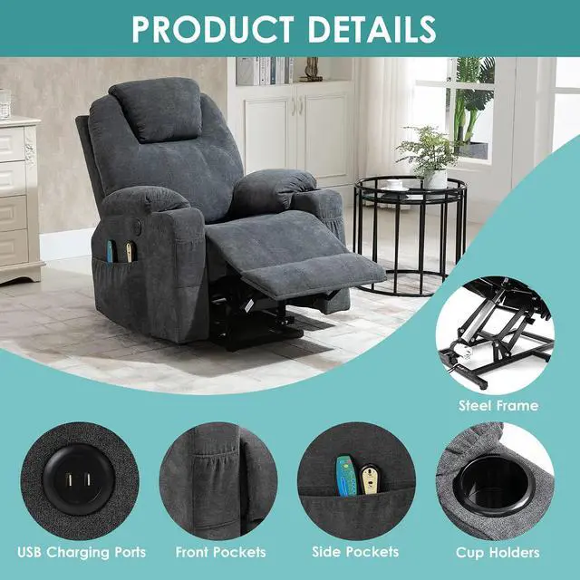Alt view image 6 of 7 - MEETWARM Power Lift Chair Electric Recliner for Elderly Heated Vibration Massage Faux Leather Recliner Chair with 2 Remote Controls, USB Ports, Cup Holders & Side Pockets for Living Room (Grey)