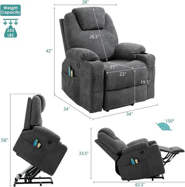 Alt view image 4 of 7 - MEETWARM Power Lift Chair Electric Recliner for Elderly Heated Vibration Massage Faux Leather Recliner Chair with 2 Remote Controls, USB Ports, Cup Holders & Side Pockets for Living Room (Grey)