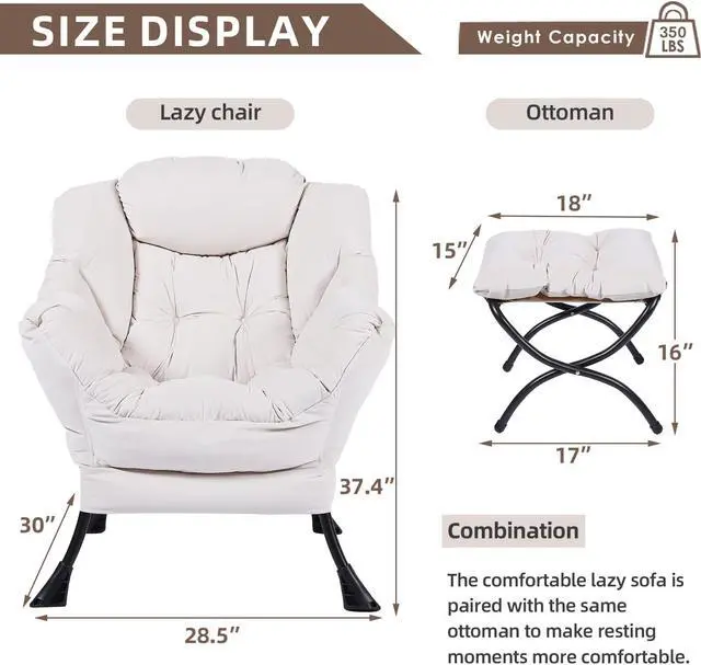 Alt view image 4 of 7 - MEETWARM Modern Velvet Fabric Lazy Chair with Ottoman, Accent Contemporary Lounge Chair, Upholstered Single Leisure Sofa Chair with a Side Pocket, Armrests and Thick Padded Back for Living Room(Beige)