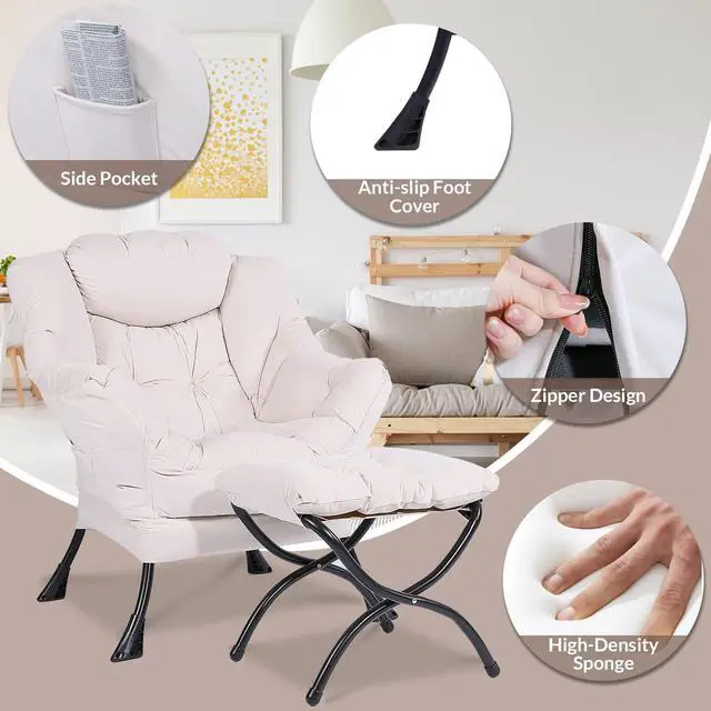 Alt view image 2 of 7 - MEETWARM Modern Velvet Fabric Lazy Chair with Ottoman, Accent Contemporary Lounge Chair, Upholstered Single Leisure Sofa Chair with a Side Pocket, Armrests and Thick Padded Back for Living Room(Beige)
