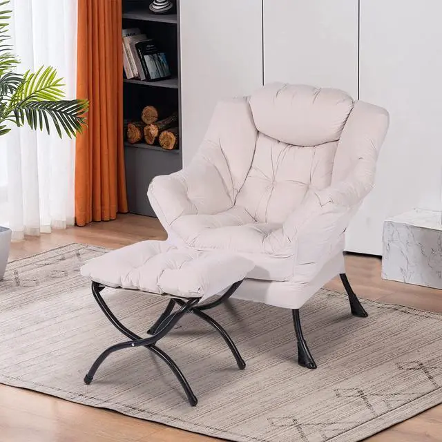 Alt view image 7 of 7 - MEETWARM Modern Velvet Fabric Lazy Chair with Ottoman, Accent Contemporary Lounge Chair, Upholstered Single Leisure Sofa Chair with a Side Pocket, Armrests and Thick Padded Back for Living Room(Beige)