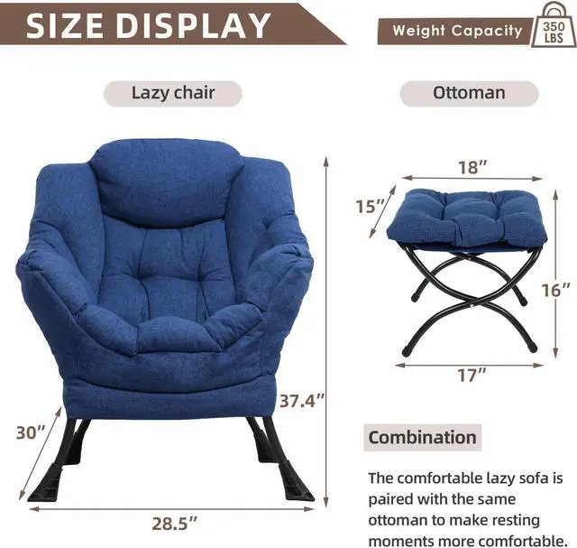 Alt view image 4 of 7 - MEETWARM Modern Velvet Fabric Lazy Chair with Ottoman, Accent Contemporary Lounge Chair, Upholstered Single Leisure Sofa Chair with a Side Pocket, Armrests and Thick Padded Back for Living Room(Blue)