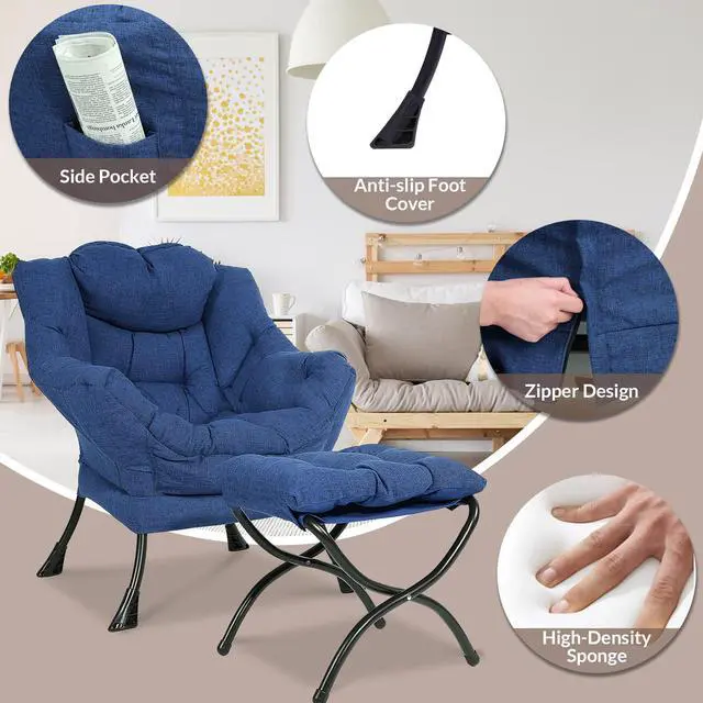 Alt view image 2 of 7 - MEETWARM Modern Velvet Fabric Lazy Chair with Ottoman, Accent Contemporary Lounge Chair, Upholstered Single Leisure Sofa Chair with a Side Pocket, Armrests and Thick Padded Back for Living Room(Blue)