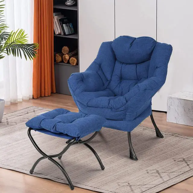 Alt view image 7 of 7 - MEETWARM Modern Velvet Fabric Lazy Chair with Ottoman, Accent Contemporary Lounge Chair, Upholstered Single Leisure Sofa Chair with a Side Pocket, Armrests and Thick Padded Back for Living Room(Blue)