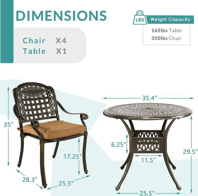Alt view image 4 of 7 - MEETWARM 5 Piece Patio Dining Set, Outdoor All-Weather Cast Aluminum Dining Table Set, Patio Furniture Set for Backyard, Include 4 Chairs with Cushions and a 35.4" Round Table with Umbrella Hole