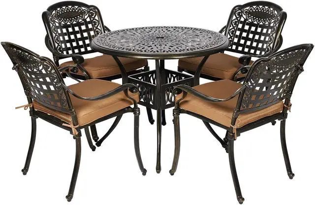 Alt view image 2 of 7 - MEETWARM 5 Piece Patio Dining Set, Outdoor All-Weather Cast Aluminum Dining Table Set, Patio Furniture Set for Backyard, Include 4 Chairs with Cushions and a 35.4" Round Table with Umbrella Hole