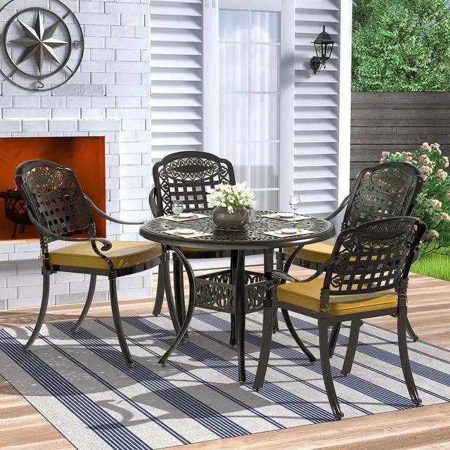 Main image of MEETWARM 5 Piece Patio Dining Set, Outdoor All-Weather Cast Aluminum Dining Table Set, Patio Furniture Set for Backyard, Include 4 Chairs with Cushions and a 35.4" Round Table with Umbrella Hole