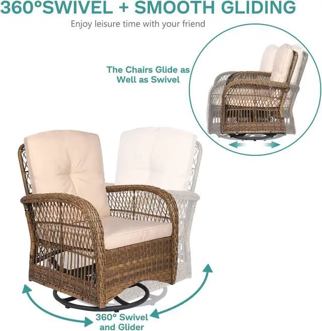 Alt view image 3 of 7 - MEETWARM 5 Pieces Outdoor Patio Rattan Furniture Sets, All Weather Patio Wicker Conversation Set - 2 Rocking Swivel Chairs 1 Rattan Loveseat Glider with Cushions, 2 Glass-Top Coffee Table, Beige