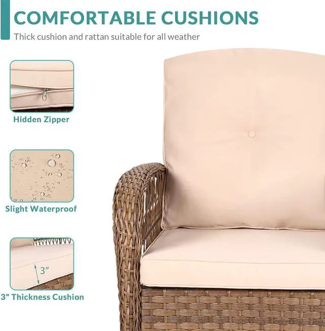 Alt view image 2 of 7 - MEETWARM 5 Pieces Outdoor Patio Rattan Furniture Sets, All Weather Patio Wicker Conversation Set - 2 Rocking Swivel Chairs 1 Rattan Loveseat Glider with Cushions, 2 Glass-Top Coffee Table, Beige