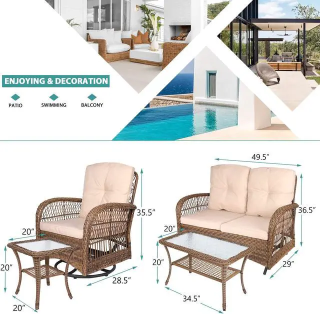 Alt view image 6 of 7 - MEETWARM 5 Pieces Outdoor Patio Rattan Furniture Sets, All Weather Patio Wicker Conversation Set - 2 Rocking Swivel Chairs 1 Rattan Loveseat Glider with Cushions, 2 Glass-Top Coffee Table, Beige