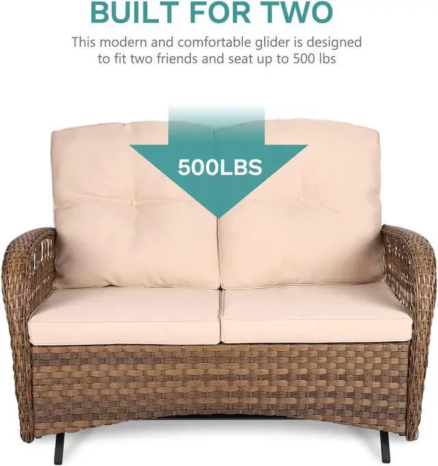 Alt view image 4 of 7 - MEETWARM 5 Pieces Outdoor Patio Rattan Furniture Sets, All Weather Patio Wicker Conversation Set - 2 Rocking Swivel Chairs 1 Rattan Loveseat Glider with Cushions, 2 Glass-Top Coffee Table, Beige