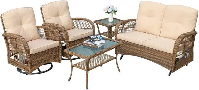 Alt view image 7 of 7 - MEETWARM 5 Pieces Outdoor Patio Rattan Furniture Sets, All Weather Patio Wicker Conversation Set - 2 Rocking Swivel Chairs 1 Rattan Loveseat Glider with Cushions, 2 Glass-Top Coffee Table, Beige