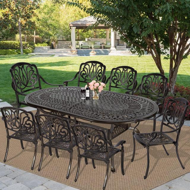 Alt view image 7 of 7 - MEETWARM 9-Piece Outdoor Patio Dining Set, 8 Outdoor Dining Chairs and 1 Oval Table with 2" Umbrella Hole, All Weather Cast Aluminum Patio Funiture Set for Backyard, Patio, Garden