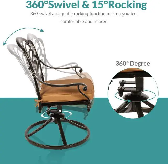 Alt view image 4 of 7 - MEETWARM 9-Piece Outdoor Patio Dining Set, All-Weather Cast Aluminum Patio Conversation Set with 2 Swivel Rocker Chairs, 6 Stationary, 1 Oval Table, 8 Cushions, 2" Umbrella Hole