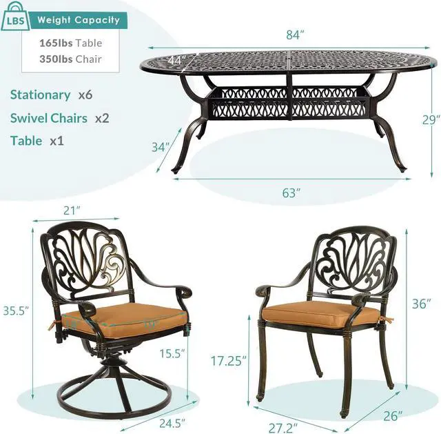 Alt view image 6 of 7 - MEETWARM 9-Piece Outdoor Patio Dining Set, All-Weather Cast Aluminum Patio Conversation Set with 2 Swivel Rocker Chairs, 6 Stationary, 1 Oval Table, 8 Cushions, 2" Umbrella Hole