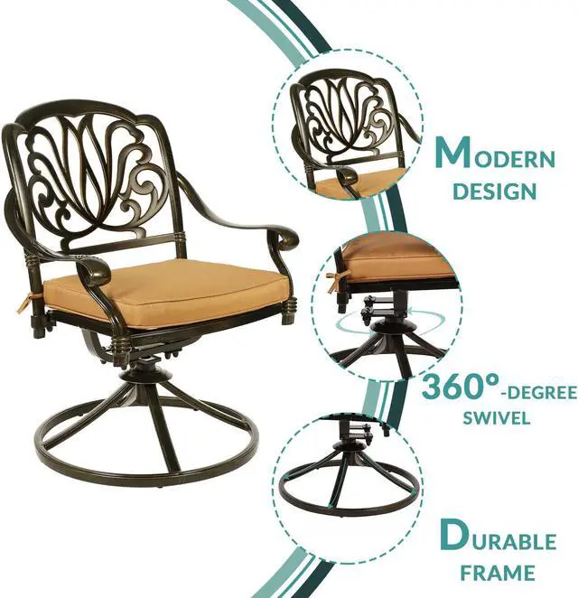 Alt view image 5 of 7 - MEETWARM 9-Piece Outdoor Patio Dining Set, All-Weather Cast Aluminum Patio Conversation Set with 2 Swivel Rocker Chairs, 6 Stationary, 1 Oval Table, 8 Cushions, 2" Umbrella Hole