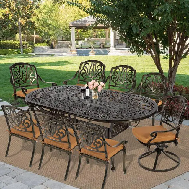Alt view image 7 of 7 - MEETWARM 9-Piece Outdoor Patio Dining Set, All-Weather Cast Aluminum Patio Conversation Set with 2 Swivel Rocker Chairs, 6 Stationary, 1 Oval Table, 8 Cushions, 2" Umbrella Hole