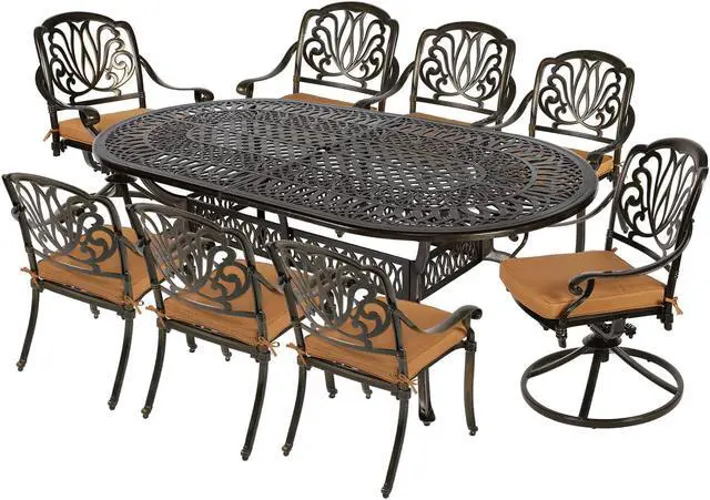 Main image of MEETWARM 9-Piece Outdoor Patio Dining Set, All-Weather Cast Aluminum Patio Conversation Set with 2 Swivel Rocker Chairs, 6 Stationary, 1 Oval Table, 8 Cushions, 2" Umbrella Hole