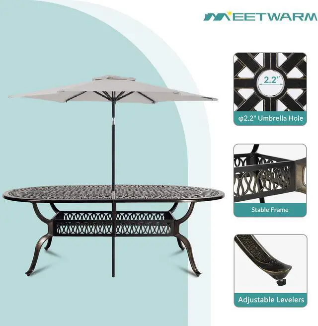 Alt view image 3 of 7 - MEETWARM 9-Piece Outdoor Patio Dining Set, All-Weather Cast Aluminum Patio Conversation Set with 2 Swivel Rocker Chairs, 6 Stationary, 1 Oval Table, 8 Cushions, 2" Umbrella Hole