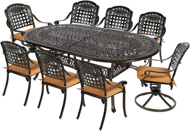 Main image of MEETWARM 9-Piece Outdoor Patio Dining Set, All-Weather Cast Aluminum Patio Conversation Set with 6 Stationary, 2 Swivel Rocker Chairs, 1 Oval Table, 8 Cushions, 2" Umbrella Hole