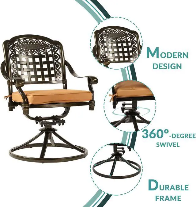 Alt view image 4 of 7 - MEETWARM 7-Piece Outdoor Patio Dining Set, All-Weather Cast Aluminum Patio Conversation Set with 6 Cushioned Swivel Rocker Chairs for Backyard Garden Deck, 1 Rectangular Table, 2" Umbrella Hole