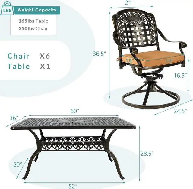 Alt view image 6 of 7 - MEETWARM 7-Piece Outdoor Patio Dining Set, All-Weather Cast Aluminum Patio Conversation Set with 6 Cushioned Swivel Rocker Chairs for Backyard Garden Deck, 1 Rectangular Table, 2" Umbrella Hole