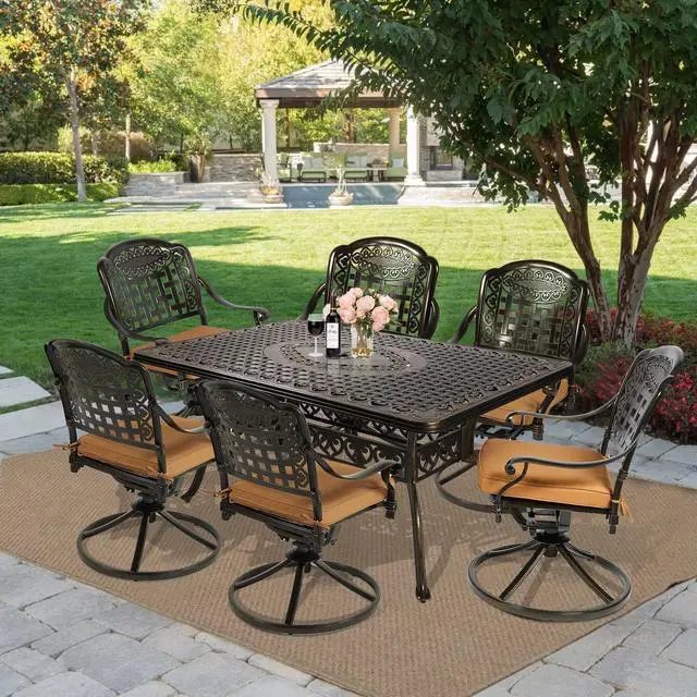 Alt view image 7 of 7 - MEETWARM 7-Piece Outdoor Patio Dining Set, All-Weather Cast Aluminum Patio Conversation Set with 6 Cushioned Swivel Rocker Chairs for Backyard Garden Deck, 1 Rectangular Table, 2" Umbrella Hole