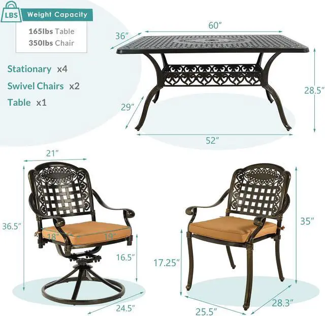 Alt view image 6 of 7 - MEETWARM 7-Piece Outdoor Patio Dining Set, All-Weather Cast Aluminum Patio Conversation Set with 4 Stationary, 2 Swivel Rocker Chairs, 1 Rectangular Table, 6 Cushions, 2" Umbrella Hole