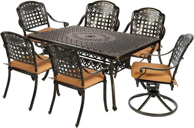 Main image of MEETWARM 7-Piece Outdoor Patio Dining Set, All-Weather Cast Aluminum Patio Conversation Set with 4 Stationary, 2 Swivel Rocker Chairs, 1 Rectangular Table, 6 Cushions, 2" Umbrella Hole