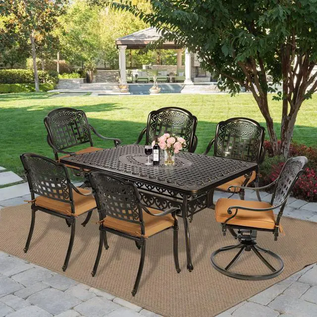 Alt view image 7 of 7 - MEETWARM 7-Piece Outdoor Patio Dining Set, All-Weather Cast Aluminum Patio Conversation Set with 4 Stationary, 2 Swivel Rocker Chairs, 1 Rectangular Table, 6 Cushions, 2" Umbrella Hole