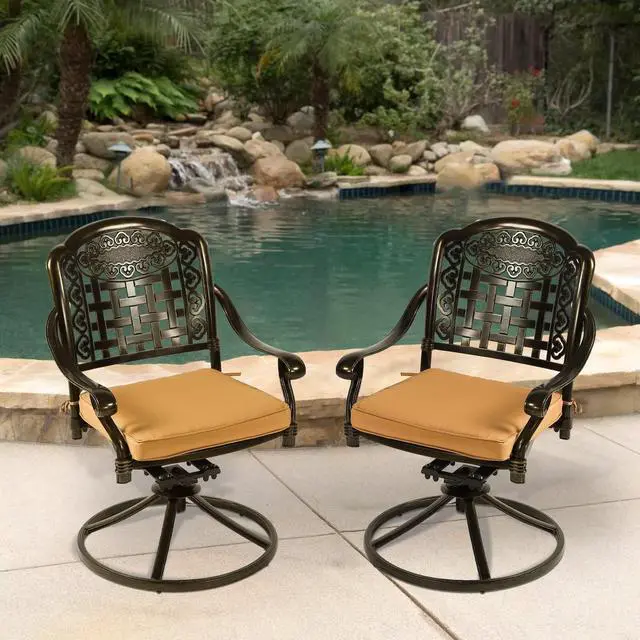 Alt view image 7 of 7 - MEETWARM 2 Piece Patio Dinning Swivel Chairs Rocker, Outdoor All-Weather Cast Aluminum Chairs with Cushions, Patio Bistro Dining Chair Set for Garden Deck Backyard, Dark Bronze