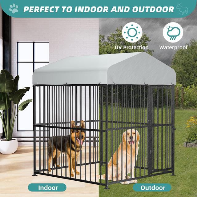 Alt view image 7 of 7 - MEETWARM Large Outdoor Dog Kennel, Metal Heavy Duty Outdoor Indoor Pet Playpen, Anti-Rust Dog Pens Outdoor Dog Fence with Anti-UV & Waterproof Top Cover and Secure Lock for Backyard, 5'L x 5'W x 6'H