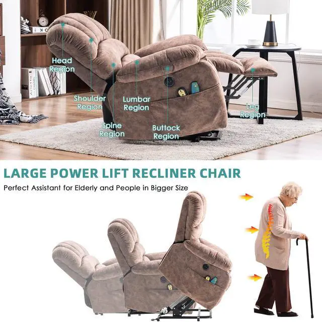 Alt view image 4 of 7 - MEETWARM Large Power Lift Electric Recliner Chair with Massage and Heat, Overstuffed Wide Recliner for Elderly Big People, Plush Fabric Recliners with 2 Remote Controls, USB Ports, Side Pockets(Brown)
