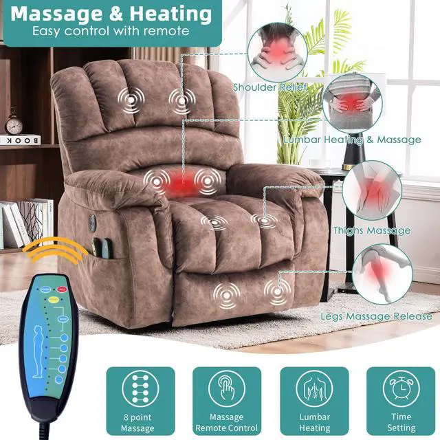 Alt view image 3 of 7 - MEETWARM Large Power Lift Electric Recliner Chair with Massage and Heat, Overstuffed Wide Recliner for Elderly Big People, Plush Fabric Recliners with 2 Remote Controls, USB Ports, Side Pockets(Brown)