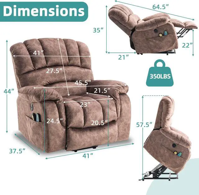 Alt view image 2 of 7 - MEETWARM Large Power Lift Electric Recliner Chair with Massage and Heat, Overstuffed Wide Recliner for Elderly Big People, Plush Fabric Recliners with 2 Remote Controls, USB Ports, Side Pockets(Brown)