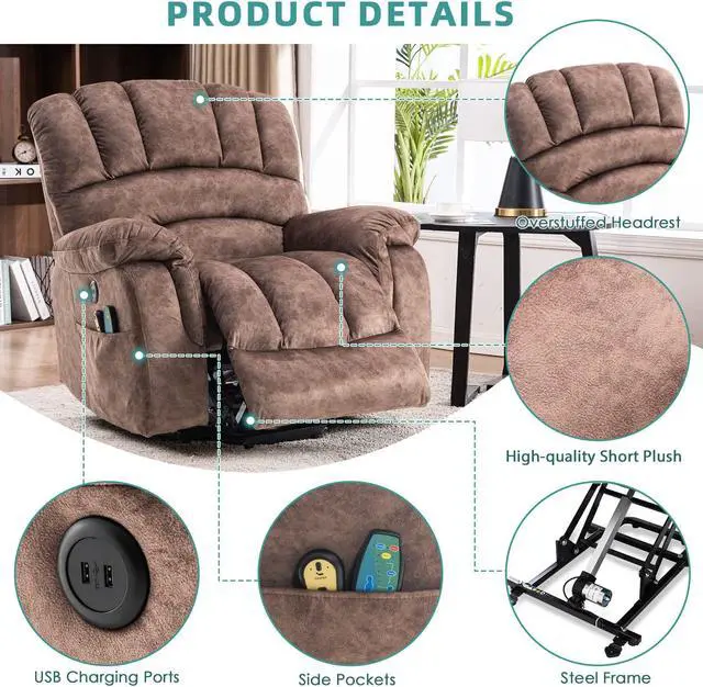 Alt view image 6 of 7 - MEETWARM Large Power Lift Electric Recliner Chair with Massage and Heat, Overstuffed Wide Recliner for Elderly Big People, Plush Fabric Recliners with 2 Remote Controls, USB Ports, Side Pockets(Brown)