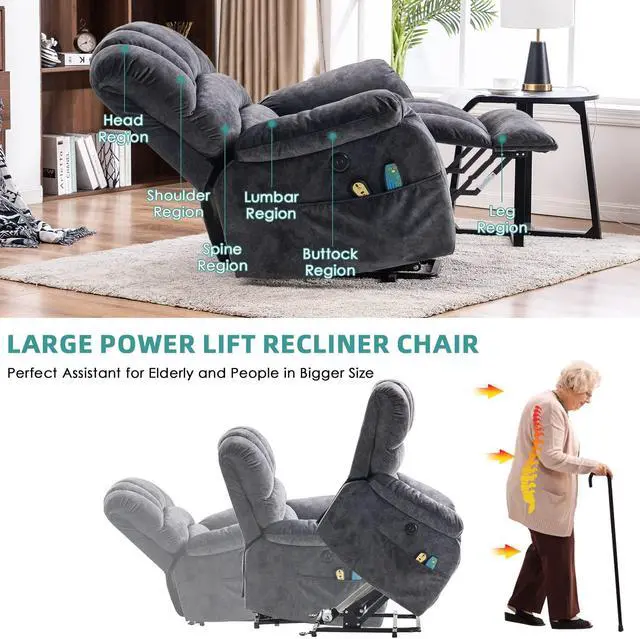 Alt view image 4 of 7 - MEETWARM Large Power Lift Electric Recliner Chair with Massage and Heat, Overstuffed Wide Recliner for Elderly Big People, Plush Fabric Recliners with 2 Remote Controls, USB Ports, Side Pockets(Gray)