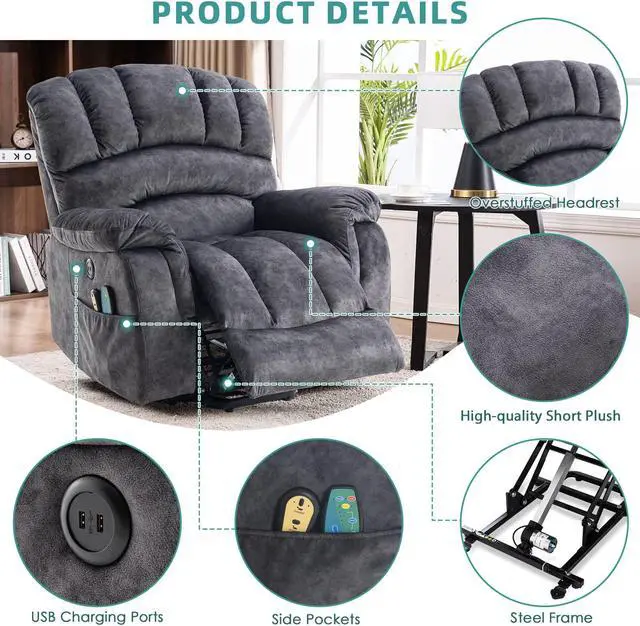 Alt view image 6 of 7 - MEETWARM Large Power Lift Electric Recliner Chair with Massage and Heat, Overstuffed Wide Recliner for Elderly Big People, Plush Fabric Recliners with 2 Remote Controls, USB Ports, Side Pockets(Gray)