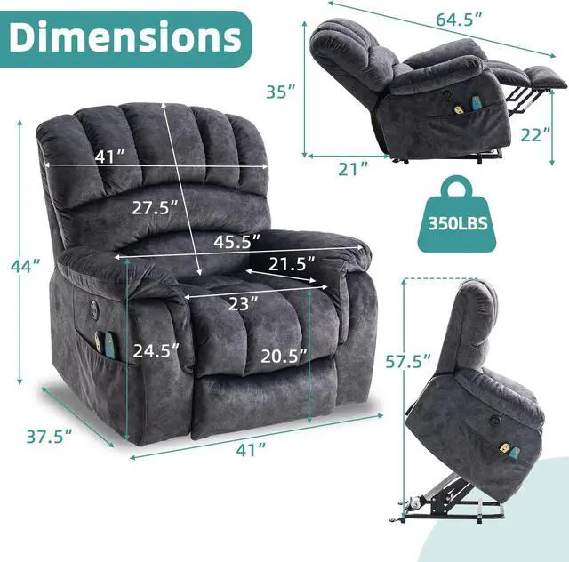 Alt view image 2 of 7 - MEETWARM Large Power Lift Electric Recliner Chair with Massage and Heat, Overstuffed Wide Recliner for Elderly Big People, Plush Fabric Recliners with 2 Remote Controls, USB Ports, Side Pockets(Gray)