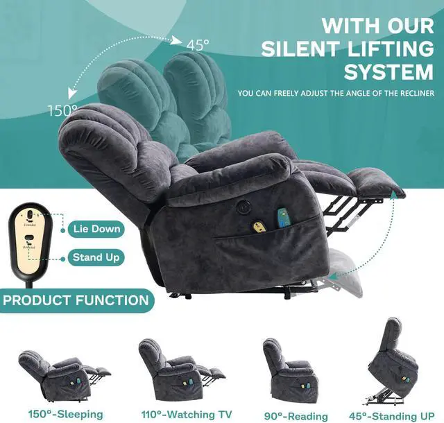Alt view image 7 of 7 - MEETWARM Large Power Lift Electric Recliner Chair with Massage and Heat, Overstuffed Wide Recliner for Elderly Big People, Plush Fabric Recliners with 2 Remote Controls, USB Ports, Side Pockets(Gray)