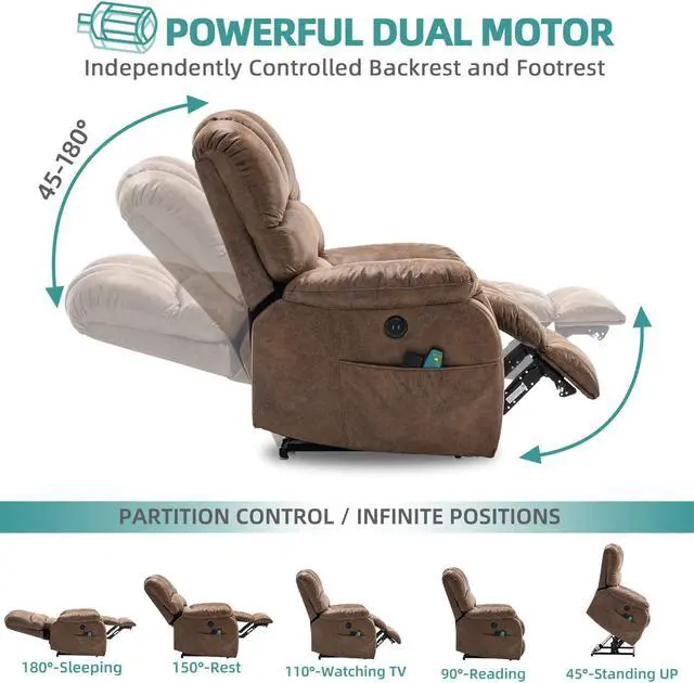 Alt view image 5 of 7 - MEETWARM Large Dual OKIN Motor Power Lift Recliner Chair for Elderly Big Man, Lay Flat Sleeper Electric Recliner with Massage and Heat, Infinite Position/2 Remote Controls/USB Port/Side Pockets(Brown)