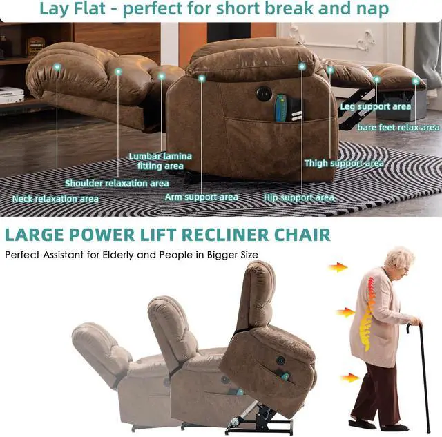 Alt view image 4 of 7 - MEETWARM Large Dual OKIN Motor Power Lift Recliner Chair for Elderly Big Man, Lay Flat Sleeper Electric Recliner with Massage and Heat, Infinite Position/2 Remote Controls/USB Port/Side Pockets(Brown)