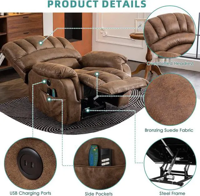 Alt view image 6 of 7 - MEETWARM Large Dual OKIN Motor Power Lift Recliner Chair for Elderly Big Man, Lay Flat Sleeper Electric Recliner with Massage and Heat, Infinite Position/2 Remote Controls/USB Port/Side Pockets(Brown)