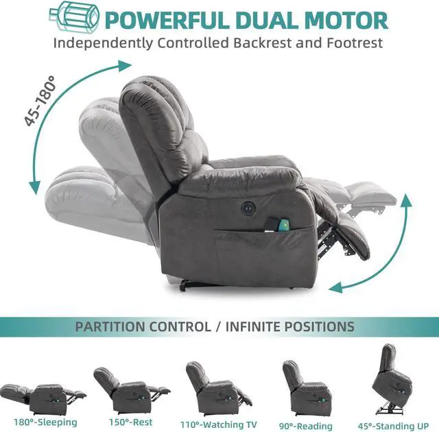 Alt view image 5 of 7 - MEETWARM Large Dual OKIN Motor Power Lift Recliner Chair for Elderly Big Man, Lay Flat Sleeper Electric Recliner with Massage and Heat, Infinite Position/2 Remote Controls/USB Port/Side Pockets(Grey)