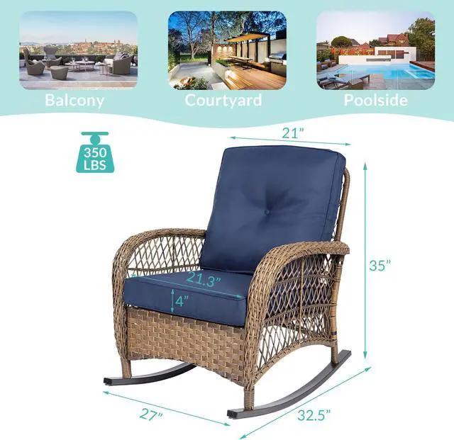 Alt view image 2 of 7 - MEETWARM Outdoor Wicker Rocking Chair, Rattan Patio Rocker Chairs with Cushions and Steel Frame - Navy Blue