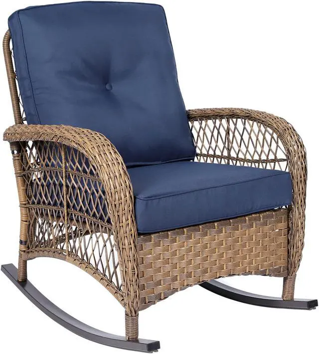 Alt view image 7 of 7 - MEETWARM Outdoor Wicker Rocking Chair, Rattan Patio Rocker Chairs with Cushions and Steel Frame - Navy Blue