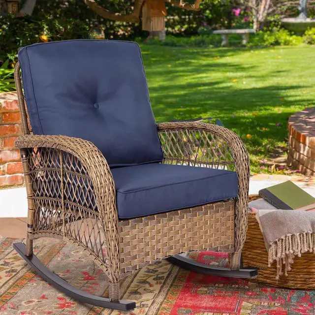 Main image of MEETWARM Outdoor Wicker Rocking Chair, Rattan Patio Rocker Chairs with Cushions and Steel Frame - Navy Blue